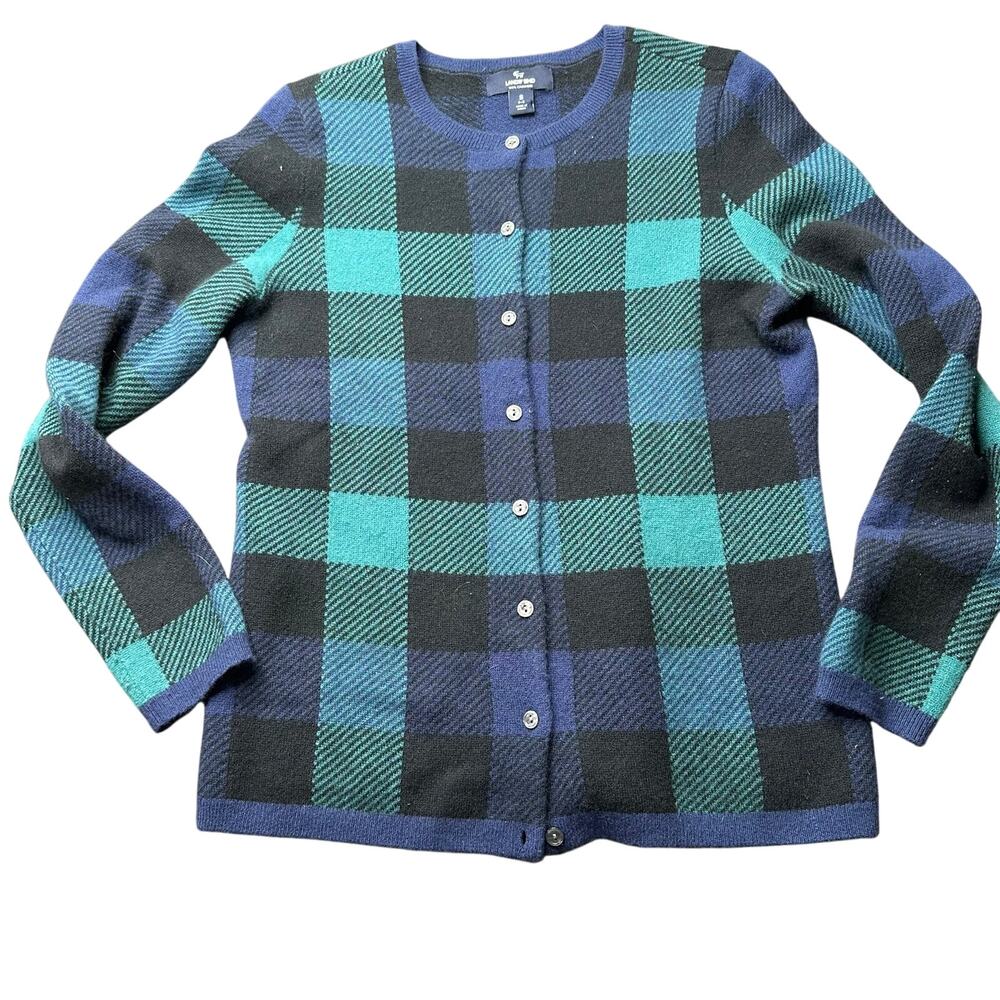 Lands' End blue green plaid button-front cashmere cardigan sweater buffalo check